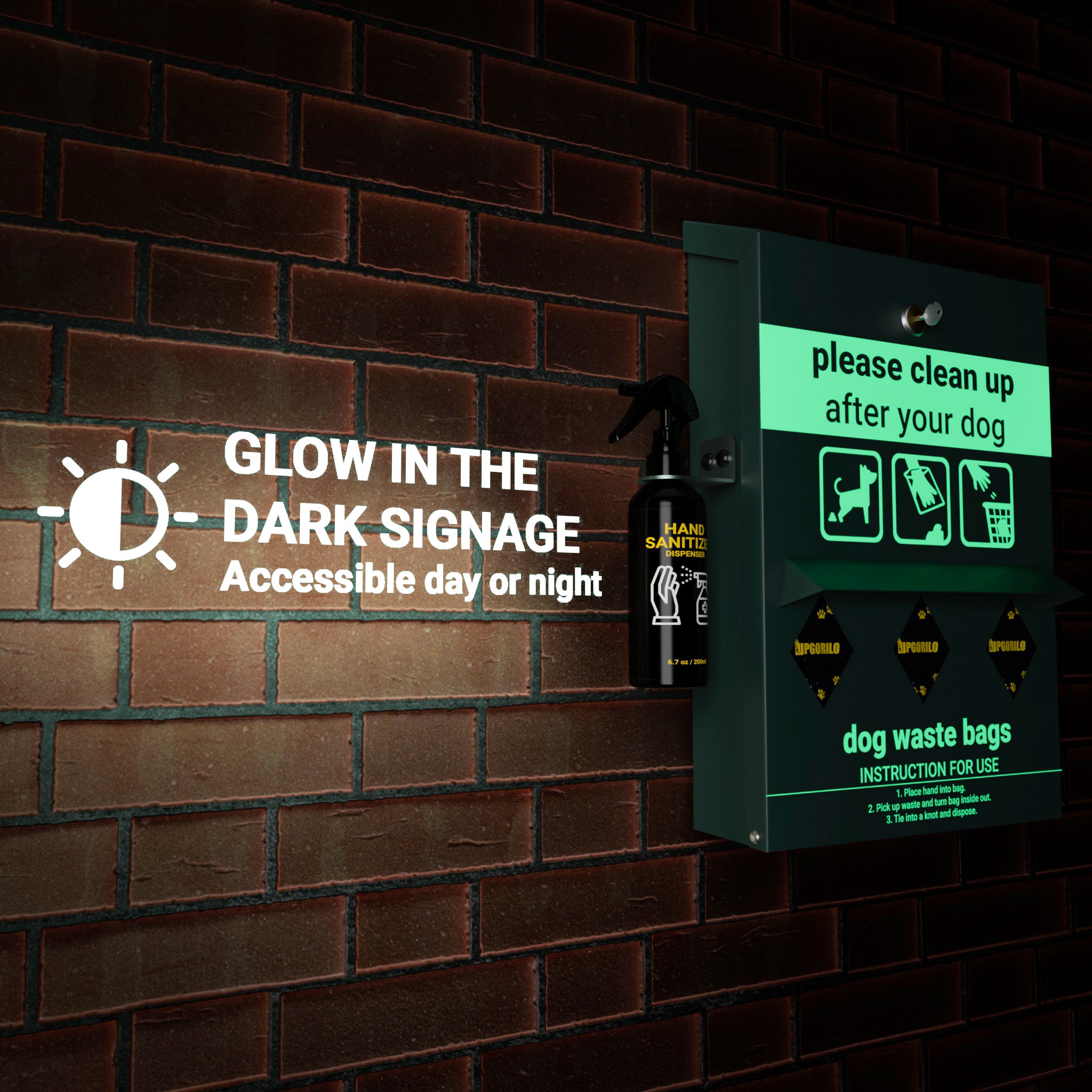 Dog Waste Station Bag Dispenser - Original Glow in The Dark Dog Poop Station with Hand Sanitizer Bottle