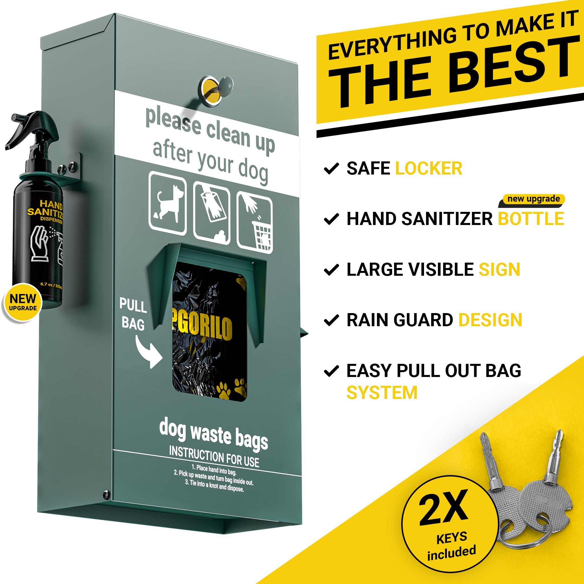 Dog Waste Station Bag Dispenser with Pull Out Bags - Original Glow in The Dark Dog Poop Station with Hand Sanitizer Bottle