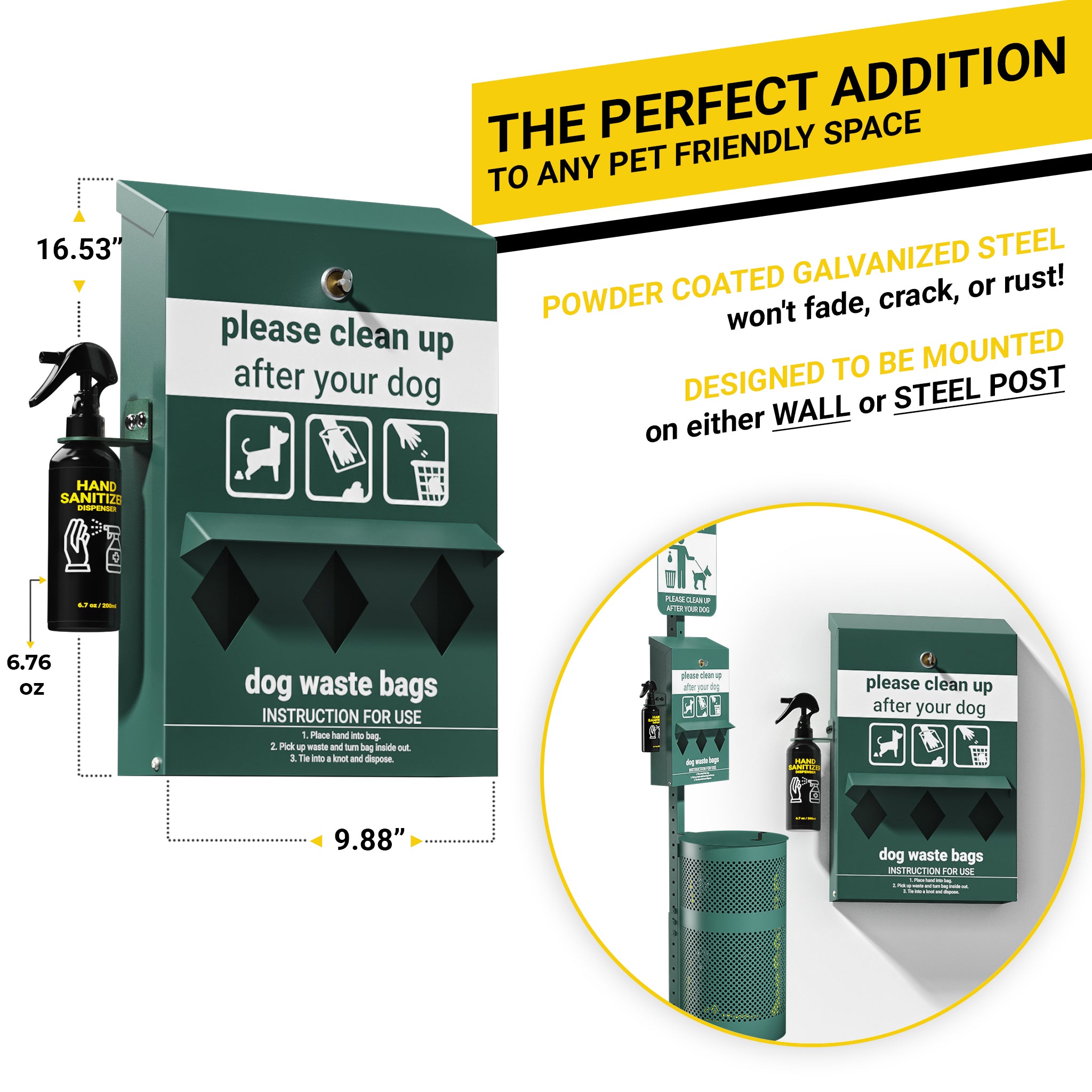 Dog Waste Station Bag Dispenser - Original Glow in The Dark Dog Poop Station with Hand Sanitizer Bottle